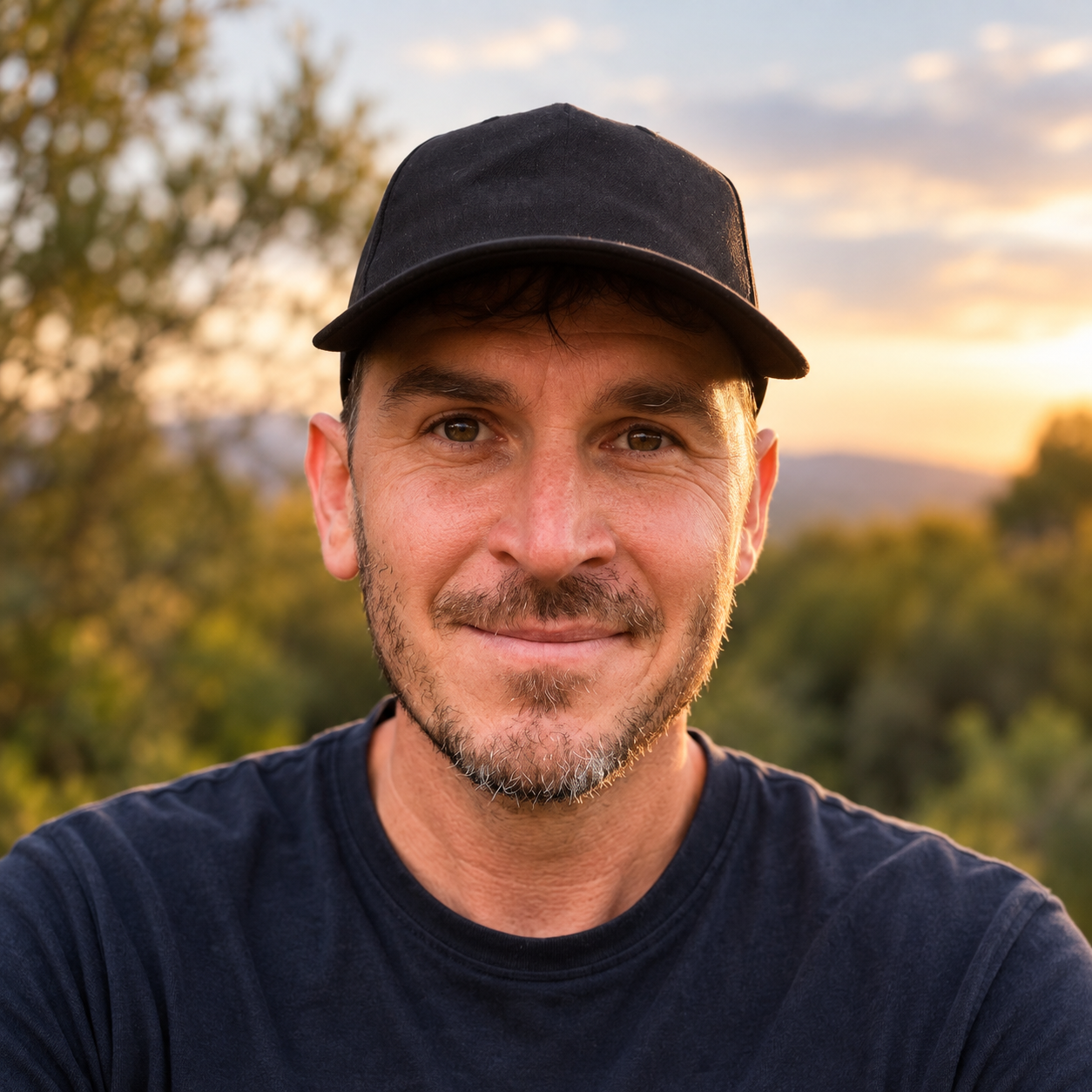 Jay Salton wearing a dark cap and T-shirt outdoors at sunset